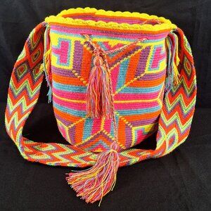 Wayuu Mochila Bucket Bag Made in Colombia Neon Colors Boho Fringe Ties